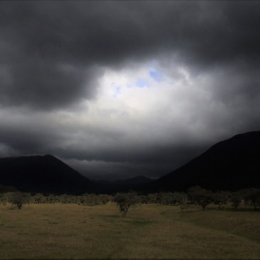 Stormy grey clouds above mountains and a plain with little shrubs